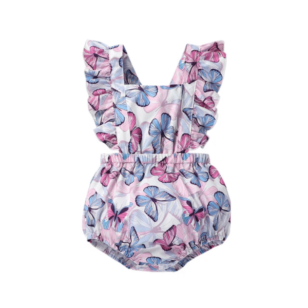👶 Cute & Colorful: Baby Girls' Butterfly Print Ruffled Sleeves Onesie for Summer Playdates! 🌼 - Image 2