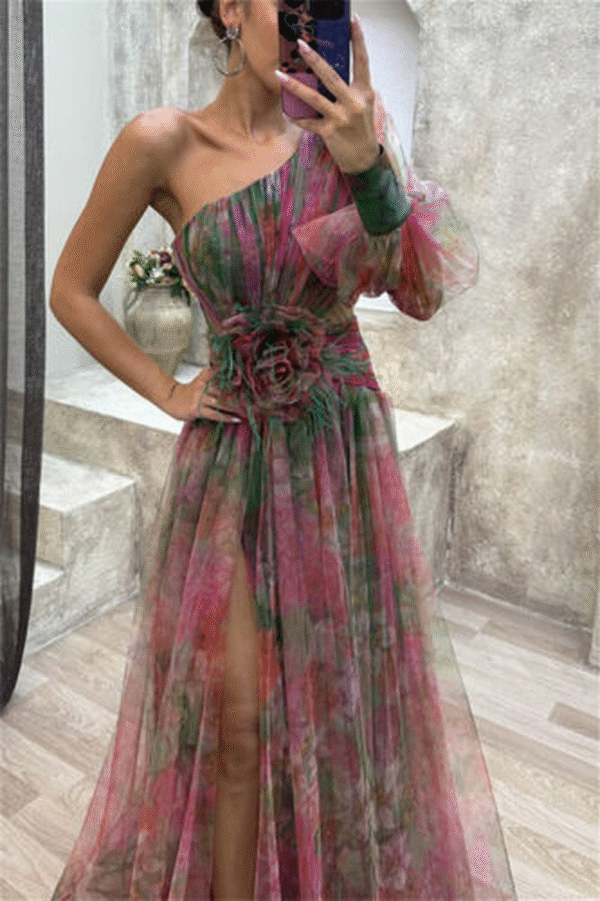 Summer Womens Casual One Shoulder Flowy Maxi Mesh Dresses Cocktail Evening Party - Image 11