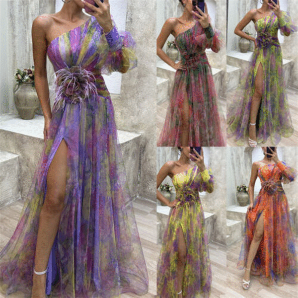 Summer Womens Casual One Shoulder Flowy Maxi Mesh Dresses Cocktail Evening Party - Image 6