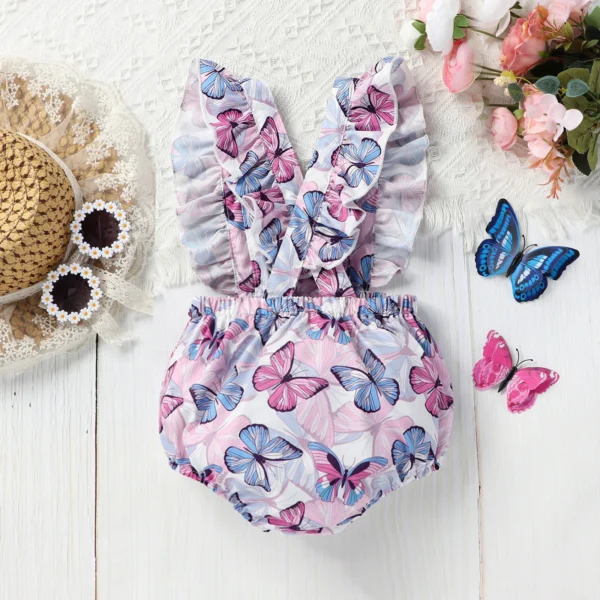 👶 Cute & Colorful: Baby Girls' Butterfly Print Ruffled Sleeves Onesie for Summer Playdates! 🌼 - Image 4